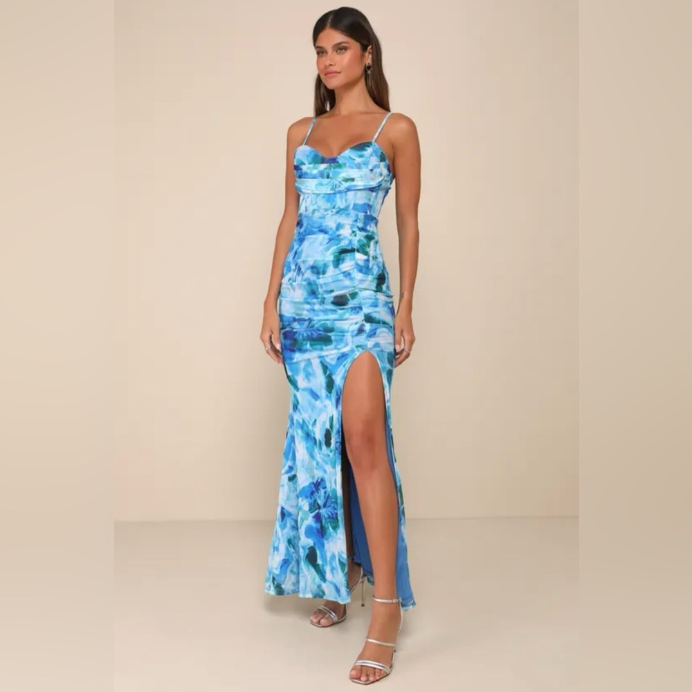 Lulus Stunning Wonder Blue Floral Mesh Bustier Mermaid Maxi Dress - Size S